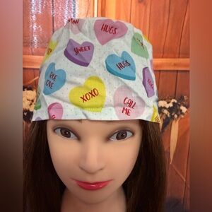 Handmade White Multicolored Candy Heart Print Scrub Cap/ Nurse Hat